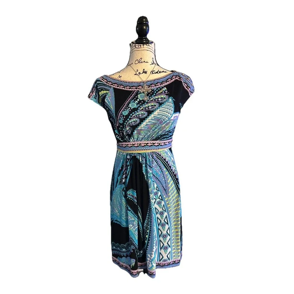 New York and Company Small Bold Multi Color Paisley Dress Stretch Blue Boat Neck - Picture 1 of 5